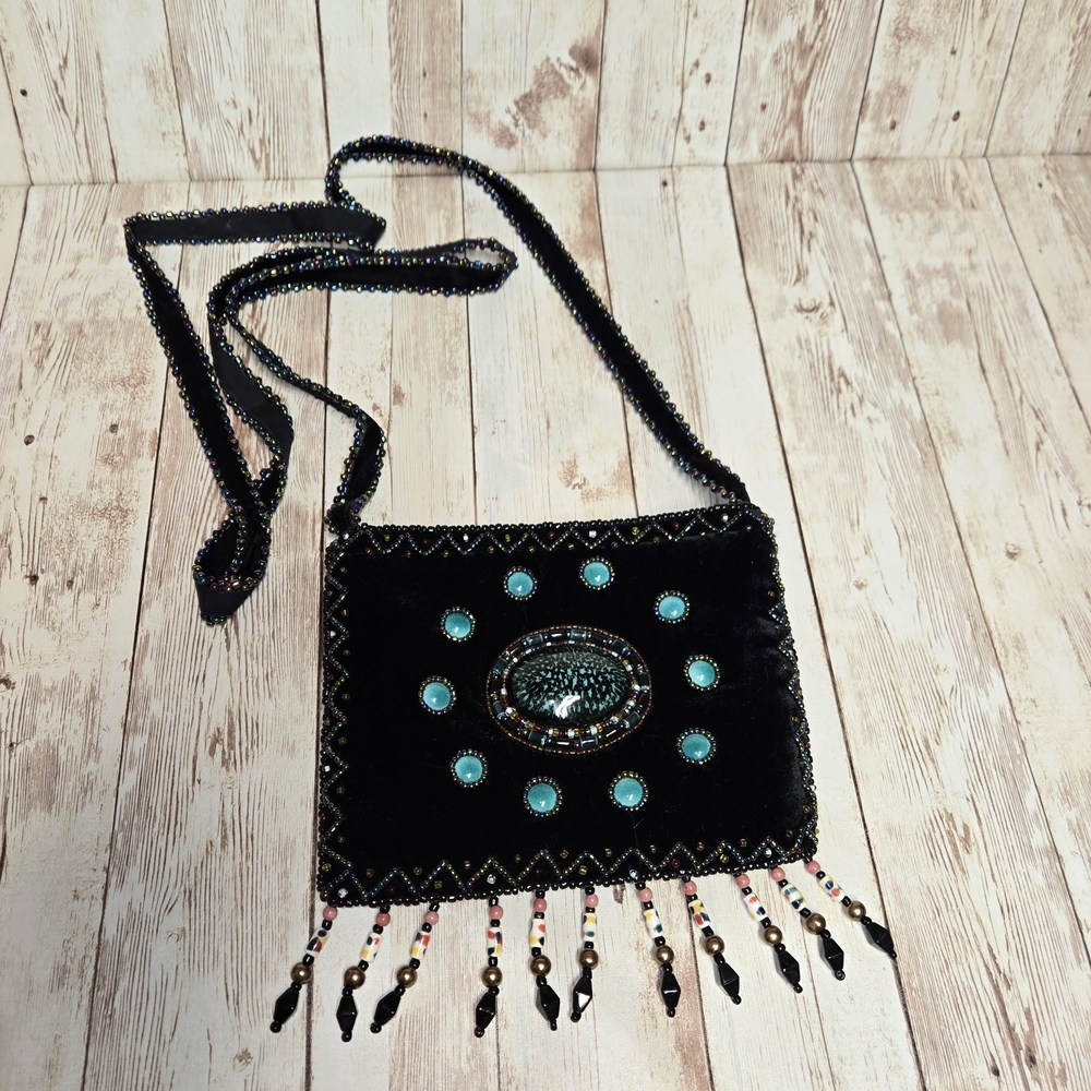 Embellished Black and Turquoise Crossbody Bag